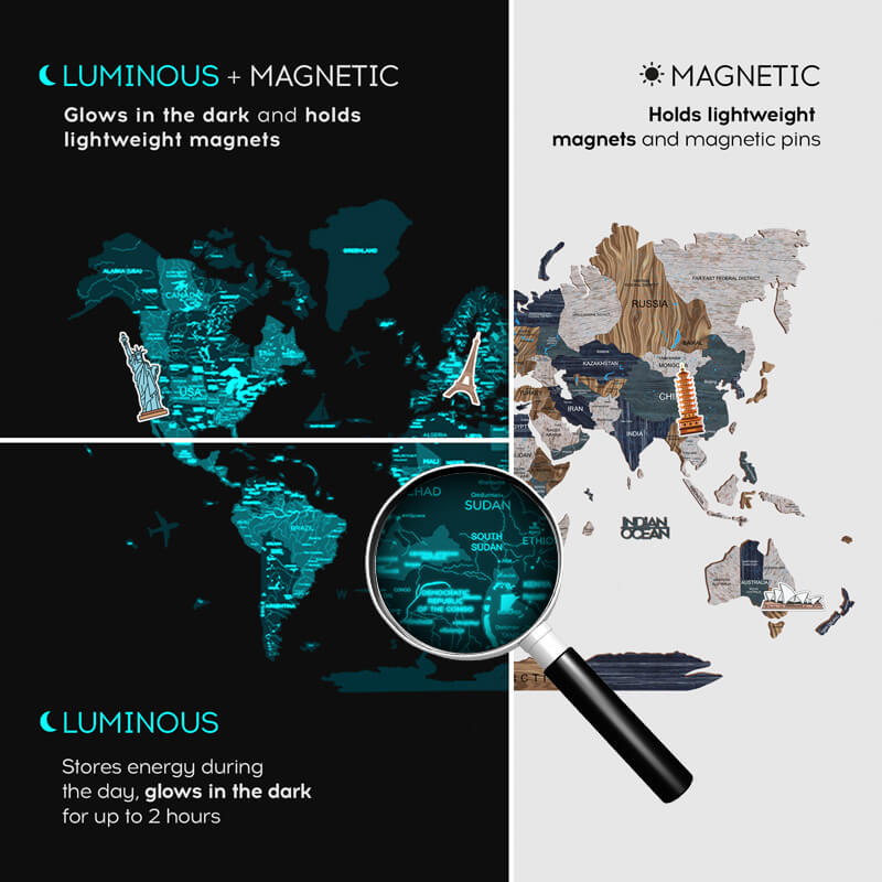 3D Luminous/Magnetic Colored Wooden World Map Mystery Enjoy The Wood