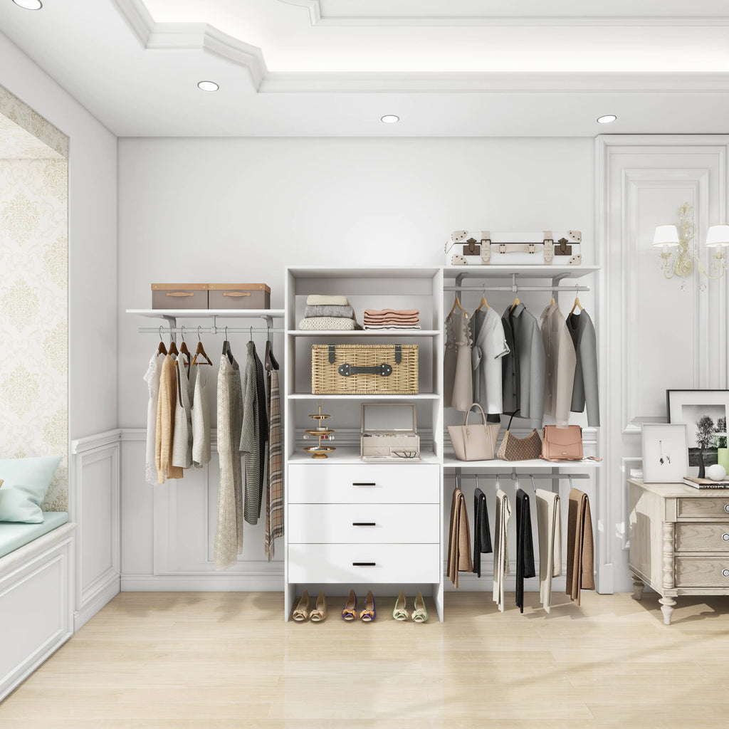 306 Closet Organizer System with Closet Shelves Wall Mounted, White Clothing Racks for Hanging Clothes, Clothes Organizer with Closet Drawers, Wooden Wardrobe Closet System with Hanging Rod Pi-Mart