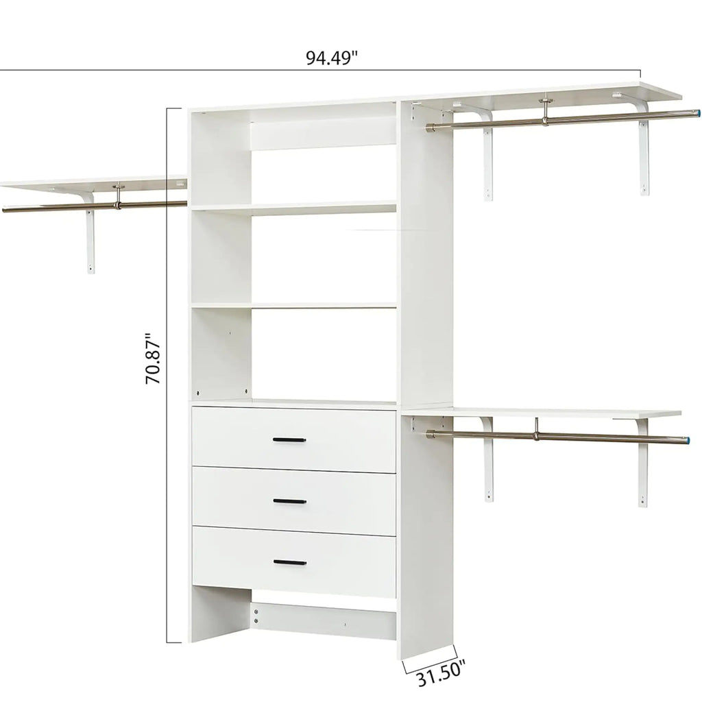 306 Closet Organizer System with Closet Shelves Wall Mounted, White Clothing Racks for Hanging Clothes, Clothes Organizer with Closet Drawers, Wooden Wardrobe Closet System with Hanging Rod Pi-Mart