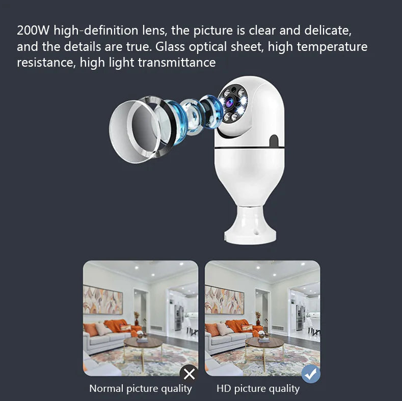 360° 1080P IP E27 Light Bulb Camera Wi-Fi IR Night Smart Home Wireless Security Pi-Mart