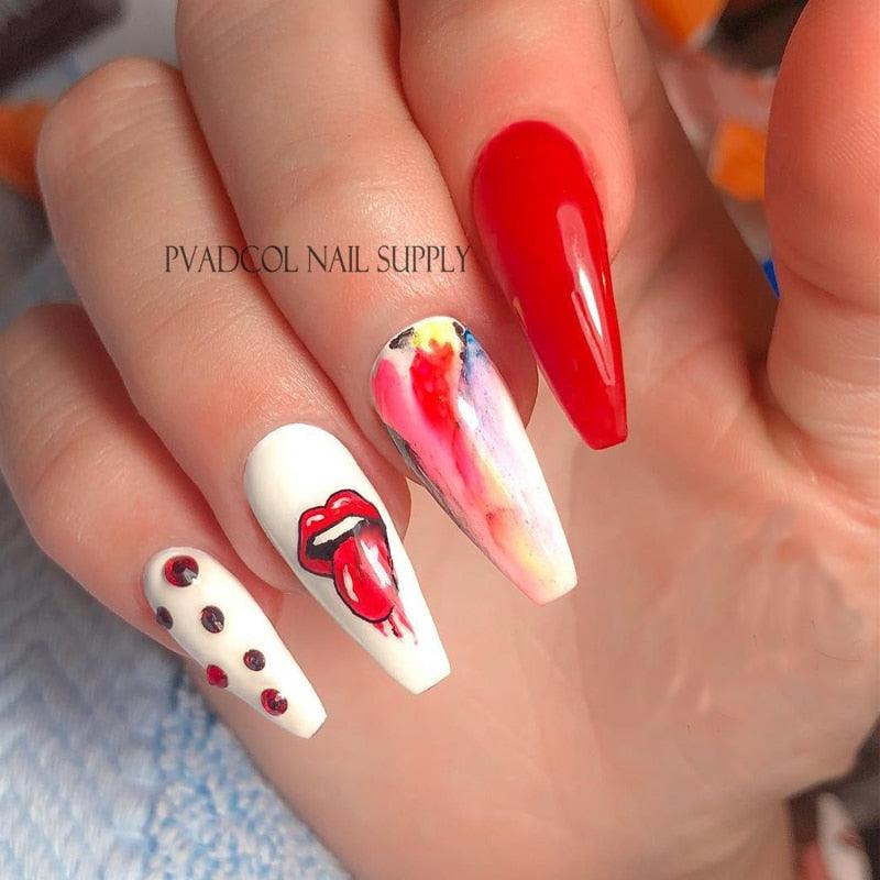 Nail Art Stickers Red Lips Nails Decals Sticker Hot Sexy Girl Tip Back Glue Decal Cool Lollipop Self Adhesive Acrylic Tips Tool Decoration White Feather Lace Flower Leaf Carving Design Exquisite Pattern Nail Art Supplies Self-Adhesive Nail Stevvex