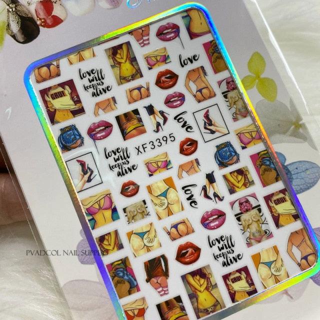 Nail Art Stickers Red Lips Nails Decals Sticker Hot Sexy Girl Tip Back Glue Decal Cool Lollipop Self Adhesive Acrylic Tips Tool Decoration White Feather Lace Flower Leaf Carving Design Exquisite Pattern Nail Art Supplies Self-Adhesive Nail Stevvex