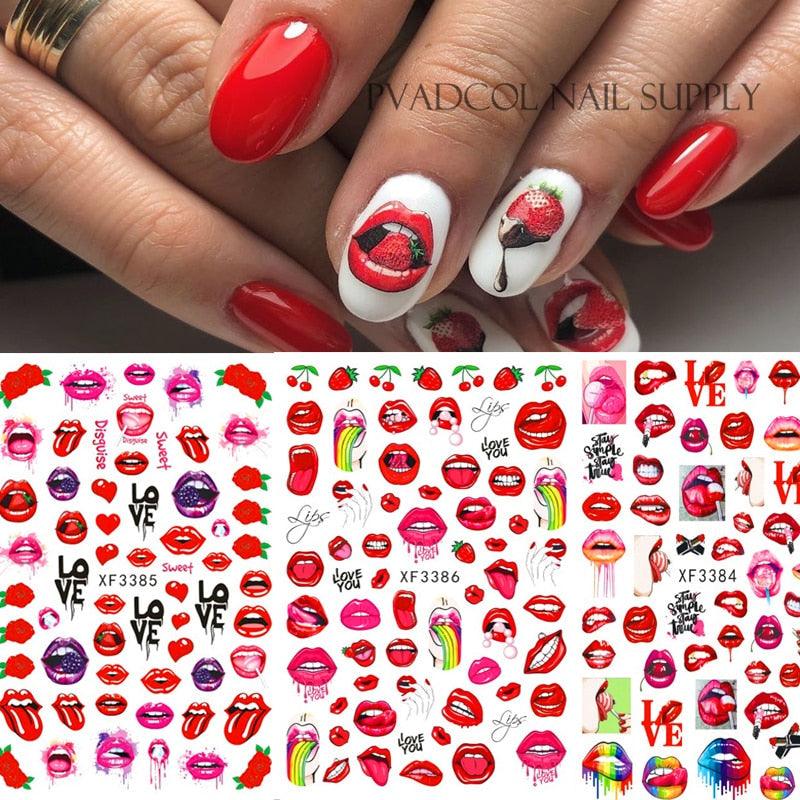 Nail Art Stickers Red Lips Nails Decals Sticker Hot Sexy Girl Tip Back Glue Decal Cool Lollipop Self Adhesive Acrylic Tips Tool Decoration White Feather Lace Flower Leaf Carving Design Exquisite Pattern Nail Art Supplies Self-Adhesive Nail Stevvex