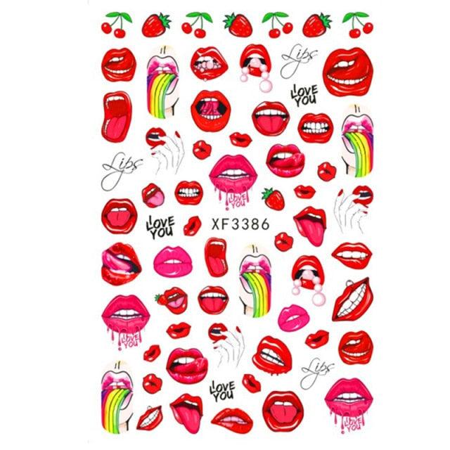 Nail Art Stickers Red Lips Nails Decals Sticker Hot Sexy Girl Tip Back Glue Decal Cool Lollipop Self Adhesive Acrylic Tips Tool Decoration White Feather Lace Flower Leaf Carving Design Exquisite Pattern Nail Art Supplies Self-Adhesive Nail Stevvex