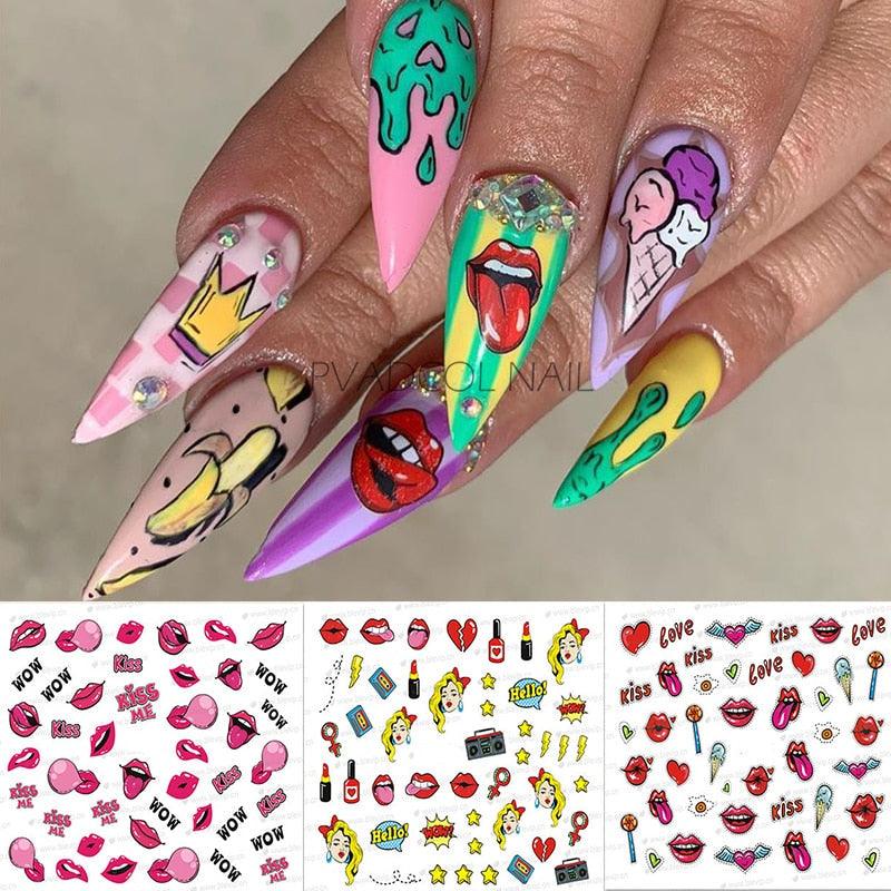 Nail Art Stickers Red Lips Nails Decals Sticker Hot Sexy Girl Tip Back Glue Decal Cool Lollipop Self Adhesive Acrylic Tips Tool Decoration White Feather Lace Flower Leaf Carving Design Exquisite Pattern Nail Art Supplies Self-Adhesive Nail Stevvex