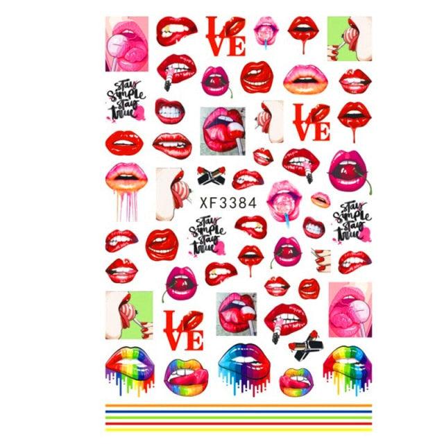 Nail Art Stickers Red Lips Nails Decals Sticker Hot Sexy Girl Tip Back Glue Decal Cool Lollipop Self Adhesive Acrylic Tips Tool Decoration White Feather Lace Flower Leaf Carving Design Exquisite Pattern Nail Art Supplies Self-Adhesive Nail Stevvex