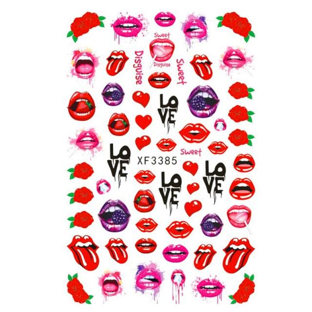 Nail Art Stickers Red Lips Nails Decals Sticker Hot Sexy Girl Tip Back Glue Decal Cool Lollipop Self Adhesive Acrylic Tips Tool Decoration White Feather Lace Flower Leaf Carving Design Exquisite Pattern Nail Art Supplies Self-Adhesive Nail Stevvex