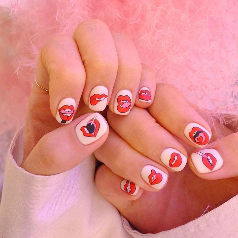 Nail Art Stickers Red Lips Nails Decals Sticker Hot Sexy Girl Tip Back Glue Decal Cool Lollipop Self Adhesive Acrylic Tips Tool Decoration White Feather Lace Flower Leaf Carving Design Exquisite Pattern Nail Art Supplies Self-Adhesive Nail Stevvex