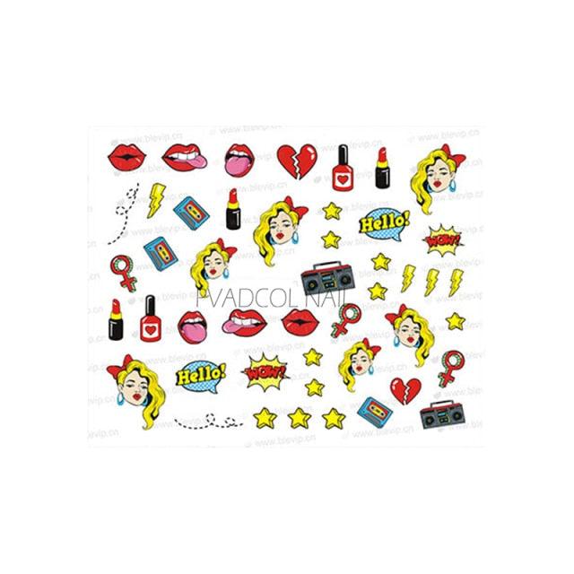 Nail Art Stickers Red Lips Nails Decals Sticker Hot Sexy Girl Tip Back Glue Decal Cool Lollipop Self Adhesive Acrylic Tips Tool Decoration White Feather Lace Flower Leaf Carving Design Exquisite Pattern Nail Art Supplies Self-Adhesive Nail Stevvex