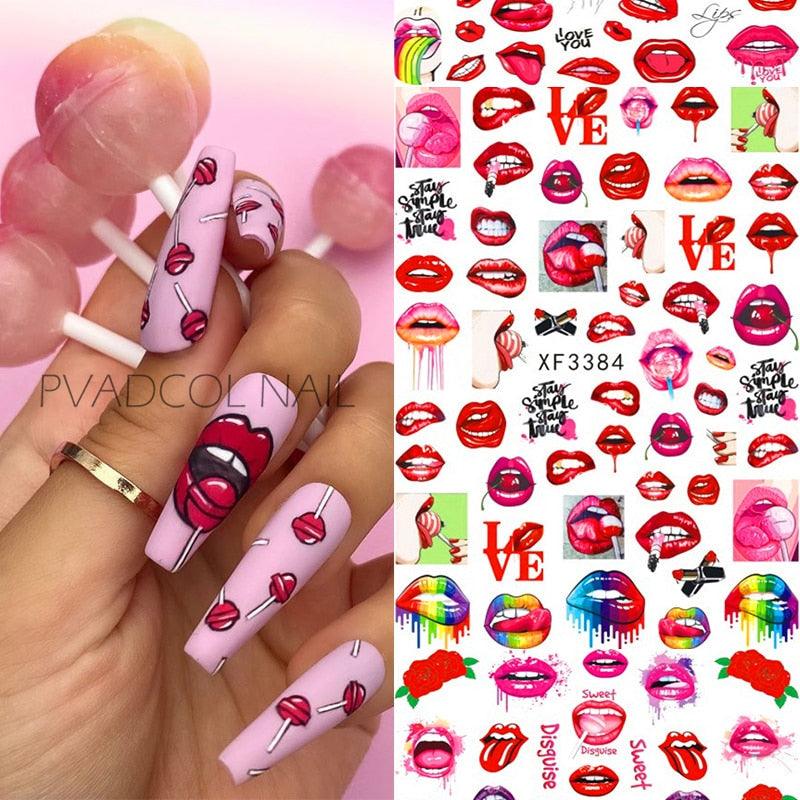 Nail Art Stickers Red Lips Nails Decals Sticker Hot Sexy Girl Tip Back Glue Decal Cool Lollipop Self Adhesive Acrylic Tips Tool Decoration White Feather Lace Flower Leaf Carving Design Exquisite Pattern Nail Art Supplies Self-Adhesive Nail Stevvex