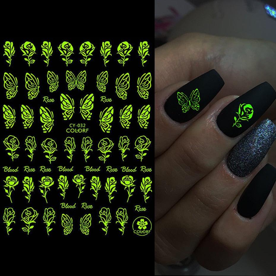 Nail Stickers Back Glue Fluorescent Light Flame Butterfly Moon Love Pattern Designs Nail Decal Decoration Tips For Beauty Salons Glow in Dark Nail Stickers Self-Adhesive Nail Art Decals Butterfly Flower Star Heart Nail Strips Glow Dark Nail Art Manicure Stevvex