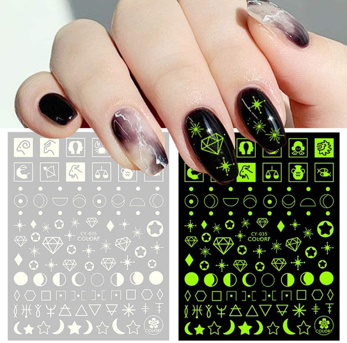 Nail Stickers Back Glue Fluorescent Light Flame Butterfly Moon Love Pattern Designs Nail Decal Decoration Tips For Beauty Salons Glow in Dark Nail Stickers Self-Adhesive Nail Art Decals Butterfly Flower Star Heart Nail Strips Glow Dark Nail Art Manicure Stevvex