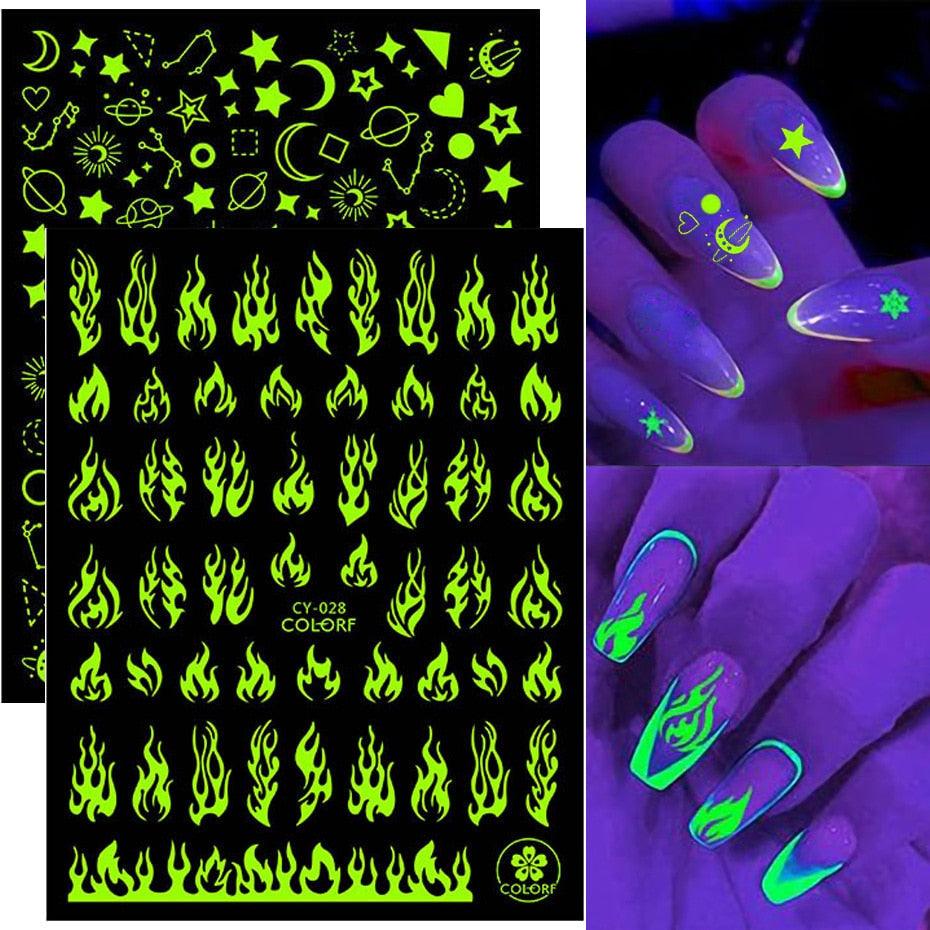 Nail Stickers Back Glue Fluorescent Light Flame Butterfly Moon Love Pattern Designs Nail Decal Decoration Tips For Beauty Salons Glow in Dark Nail Stickers Self-Adhesive Nail Art Decals Butterfly Flower Star Heart Nail Strips Glow Dark Nail Art Manicure Stevvex