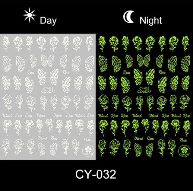 Nail Stickers Back Glue Fluorescent Light Flame Butterfly Moon Love Pattern Designs Nail Decal Decoration Tips For Beauty Salons Glow in Dark Nail Stickers Self-Adhesive Nail Art Decals Butterfly Flower Star Heart Nail Strips Glow Dark Nail Art Manicure Stevvex