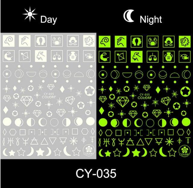 Nail Stickers Back Glue Fluorescent Light Flame Butterfly Moon Love Pattern Designs Nail Decal Decoration Tips For Beauty Salons Glow in Dark Nail Stickers Self-Adhesive Nail Art Decals Butterfly Flower Star Heart Nail Strips Glow Dark Nail Art Manicure Stevvex