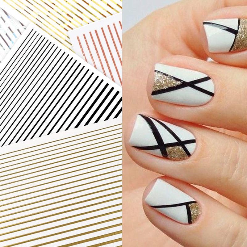 Nail Strip Stickers Black Gold Rose Gold Silver Metal Strip Tape Nail Art Adhesive Foil Tips Nail Sticker Decals Metallic Curve Strip Line Nail Decal Self-Adhesive 3D Wave Design Decoration for Women Girls Tape Nail Art Stickers Decal Decoration Stevvex