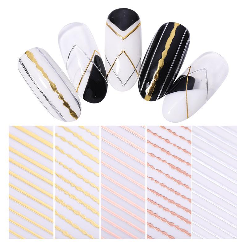 Nail Strip Stickers Black Gold Rose Gold Silver Metal Strip Tape Nail Art Adhesive Foil Tips Nail Sticker Decals Metallic Curve Strip Line Nail Decal Self-Adhesive 3D Wave Design Decoration for Women Girls Tape Nail Art Stickers Decal Decoration Stevvex