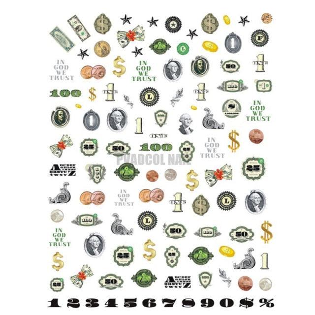 Nails Sticker Money Dollar Wealthy Rich Style Nail Art Stickers Decals Manicure Tip Decal Self Adhesive Acrylic Tips Tool Acrylic Engraved Nail Sticker Nail Art Decoration Self-Adhesive Nail Art Decoration French Black and White Lace Retro Flower Stevvex