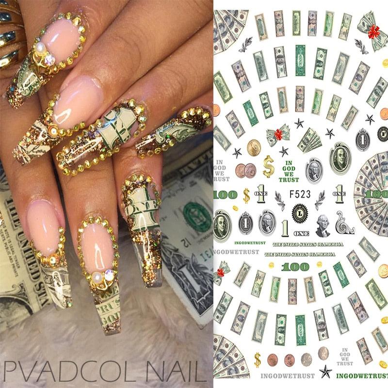 Nails Sticker Money Dollar Wealthy Rich Style Nail Art Stickers Decals Manicure Tip Decal Self Adhesive Acrylic Tips Tool Acrylic Engraved Nail Sticker Nail Art Decoration Self-Adhesive Nail Art Decoration French Black and White Lace Retro Flower Stevvex