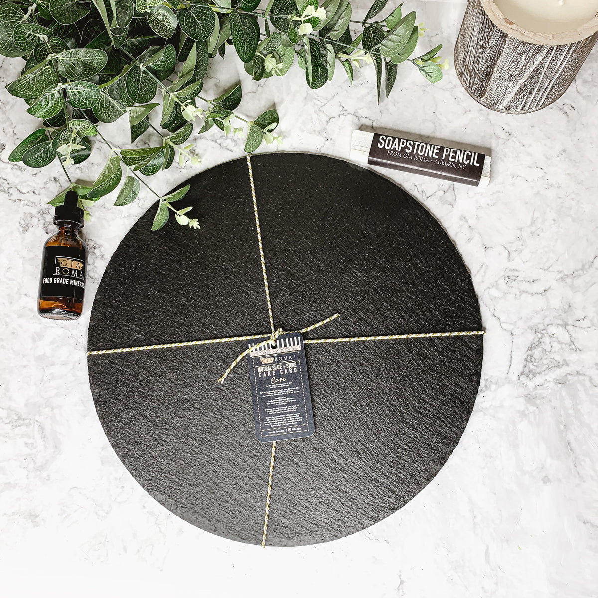 Slate Round 14 Inch Cheese Board - Natural Edge Serving Platter BandsCo Straps