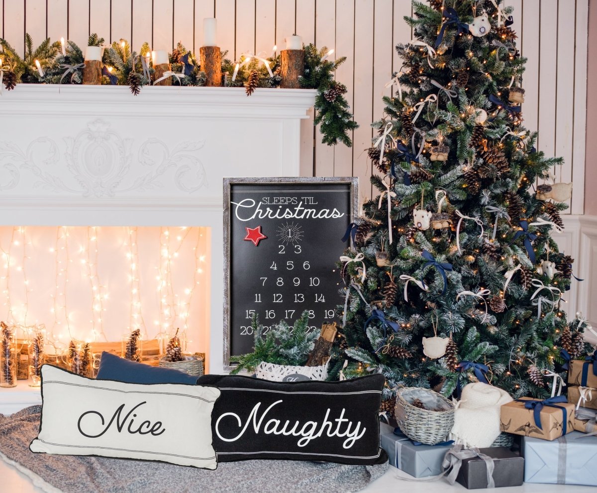 Naughty Or Nice Reversible Canvas Throw Pillow Black White Double Sided Holiday Decorative Accent BandsCo Straps