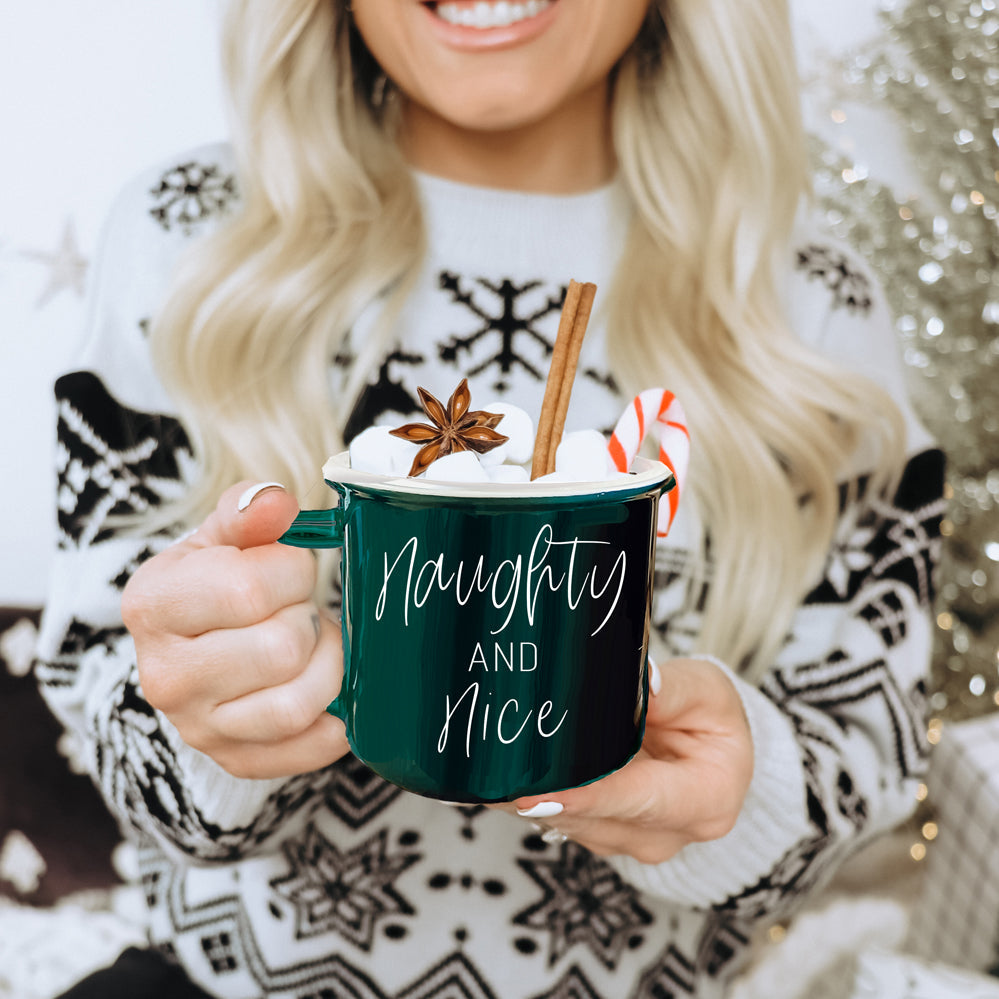 Naughty And Nice Coffee Mug Ceramic Campfire Style 14.5oz Red Or Green Double Side Design BandsCo Straps