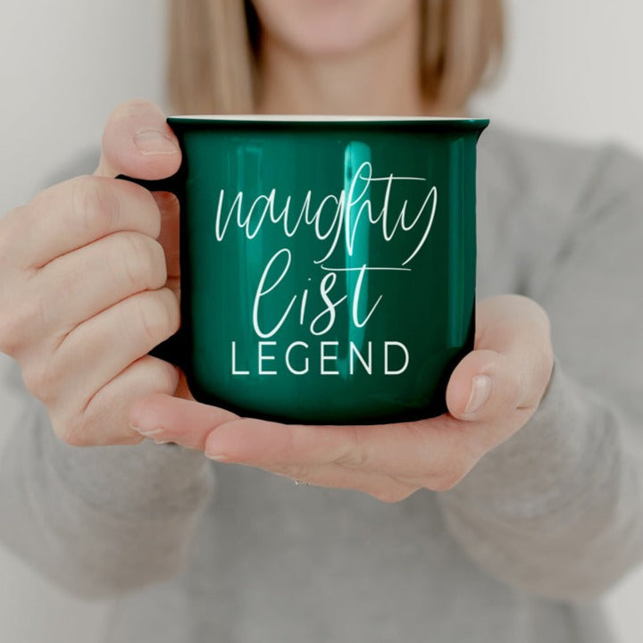 Naughty Legend Christmas Mug 14.5oz Ceramic Campfire Style Red Or Green Holiday Coffee Cup BandsCo Straps