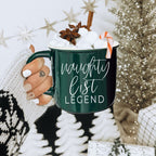 Naughty Legend Christmas Mug 14.5oz Ceramic Campfire Style Red Or Green Holiday Coffee Cup BandsCo Straps