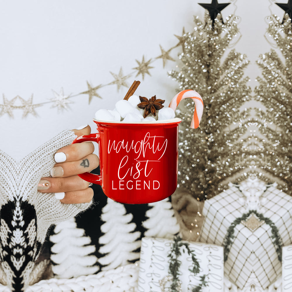 Naughty Legend Christmas Mug 14.5oz Ceramic Campfire Style Red Or Green Holiday Coffee Cup BandsCo Straps