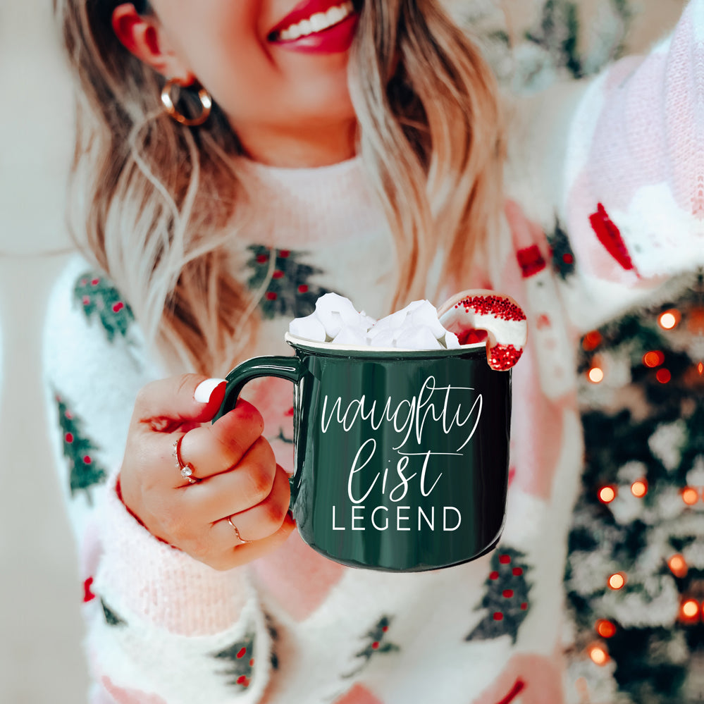 Naughty Legend Christmas Mug 14.5oz Ceramic Campfire Style Red Or Green Holiday Coffee Cup BandsCo Straps