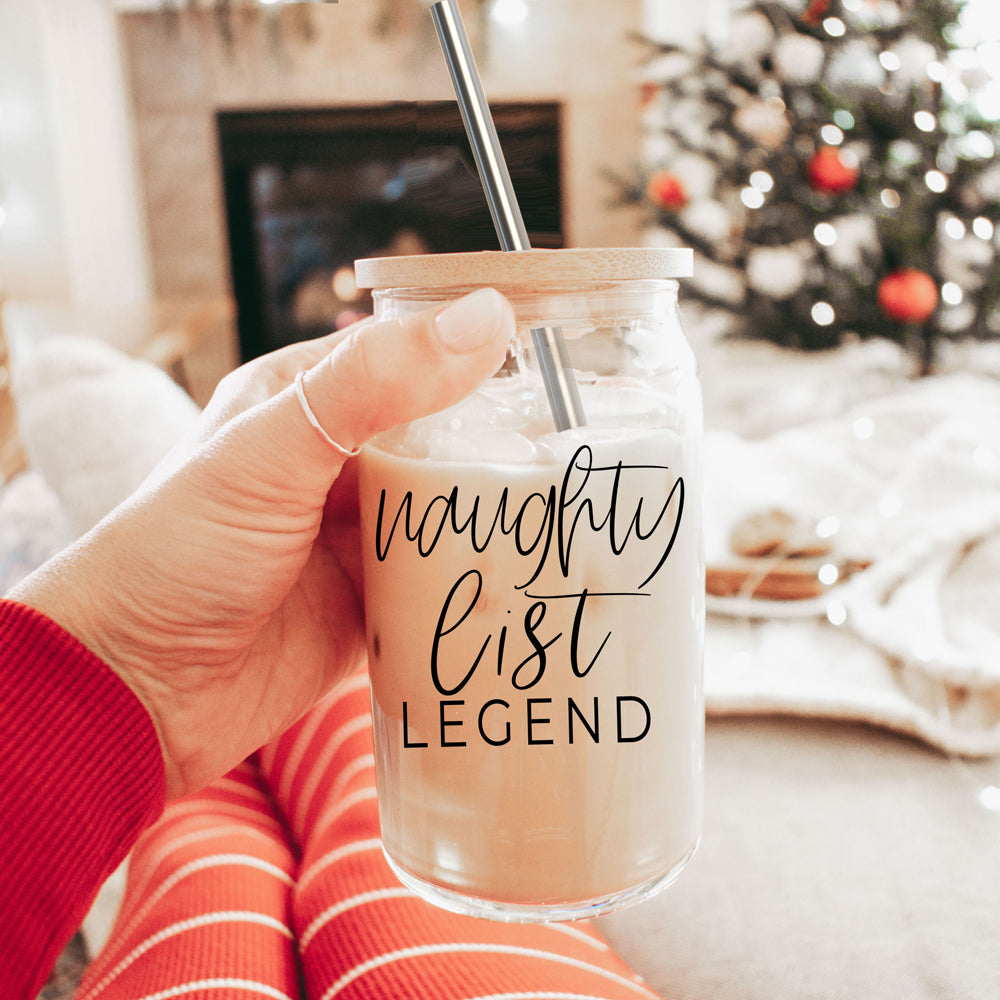 Naughty List Legend 17oz Glass Tumbler With Bamboo Lid, 2 Stainless Straws BandsCo Straps