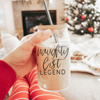 Naughty List Legend 17oz Glass Tumbler With Bamboo Lid, 2 Stainless Straws BandsCo Straps
