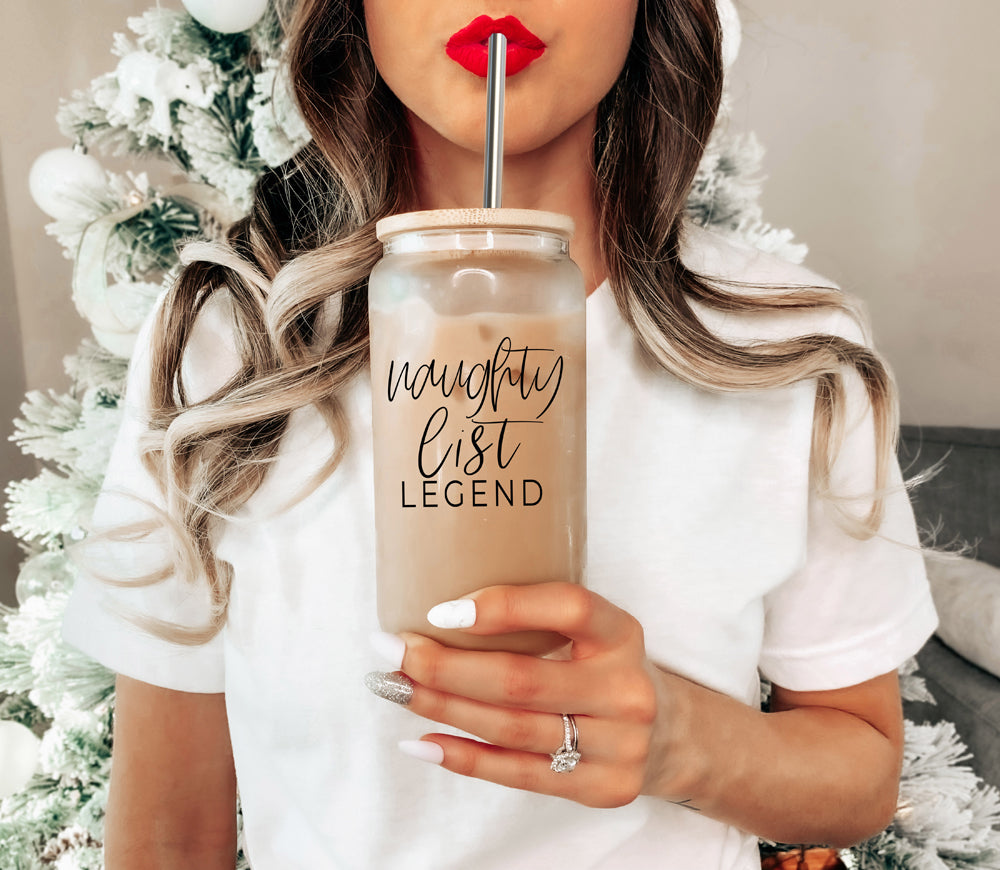 Naughty List Legend 17oz Glass Tumbler With Bamboo Lid, 2 Stainless Straws BandsCo Straps