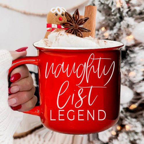 Naughty Legend Christmas Mug 14.5oz Ceramic Campfire Style Red Or Green Holiday Coffee Cup BandsCo Straps