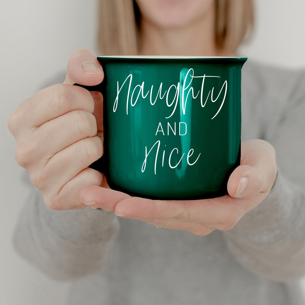 Naughty And Nice Coffee Mug Ceramic Campfire Style 14.5oz Red Or Green Double Side Design BandsCo Straps