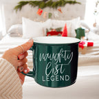 Naughty Legend Christmas Mug 14.5oz Ceramic Campfire Style Red Or Green Holiday Coffee Cup BandsCo Straps