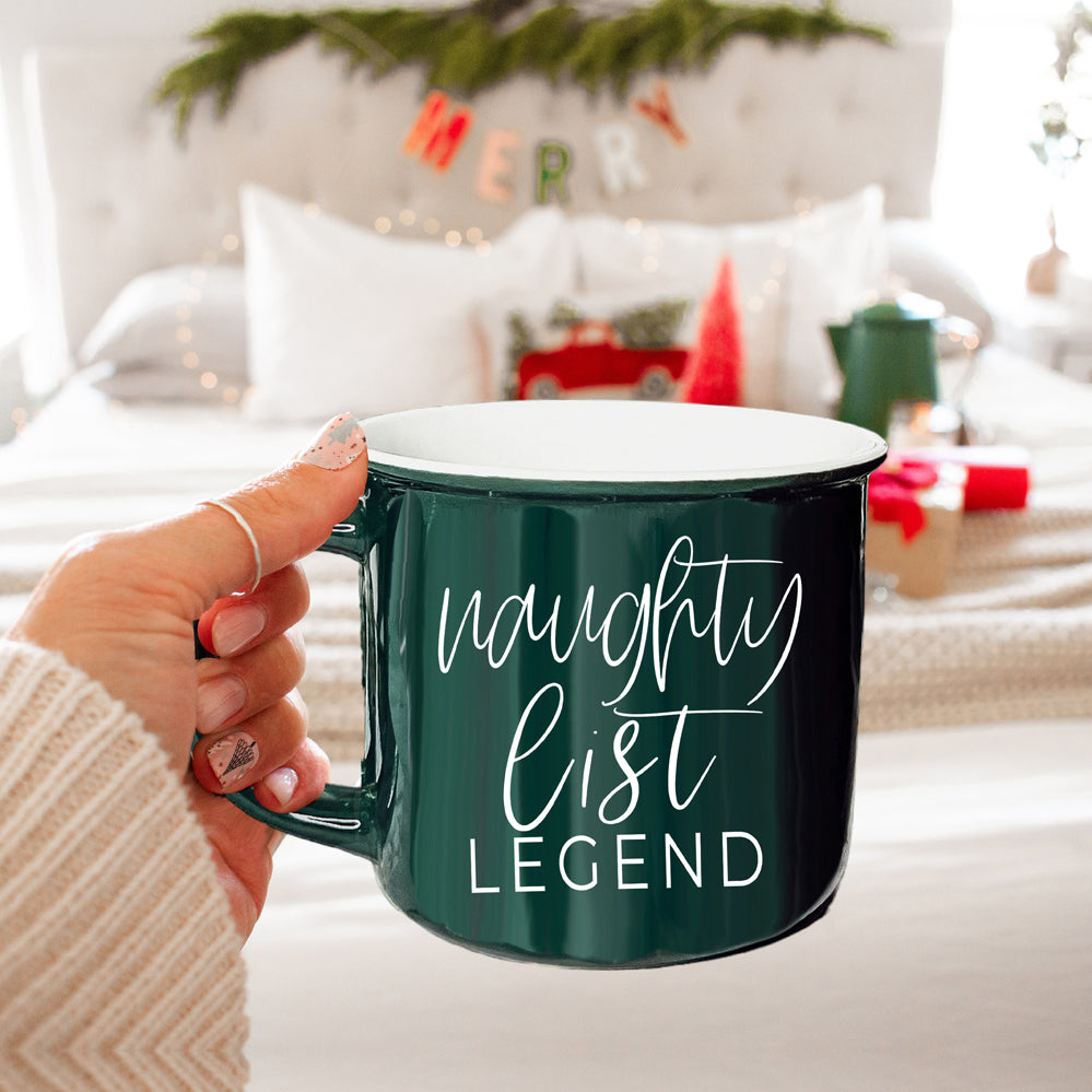 Naughty Legend Christmas Mug 14.5oz Ceramic Campfire Style Red Or Green Holiday Coffee Cup BandsCo Straps
