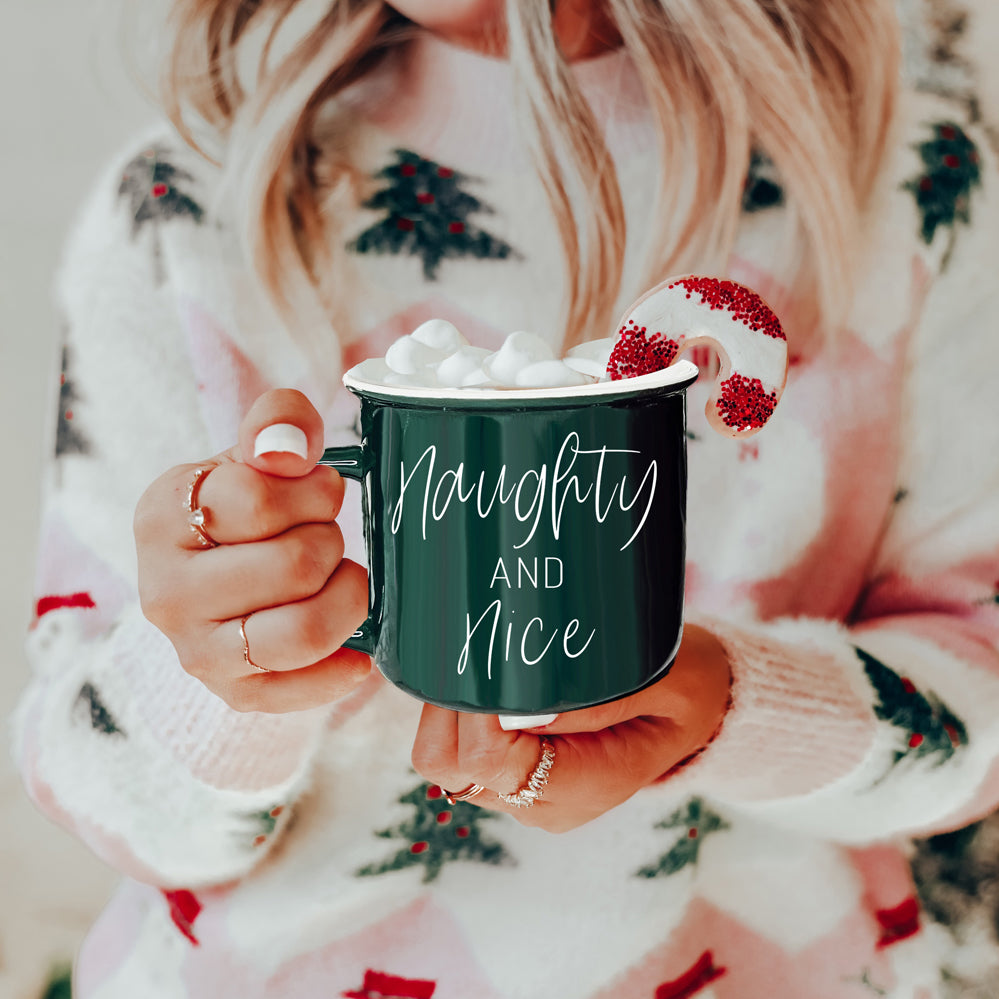 Naughty And Nice Coffee Mug Ceramic Campfire Style 14.5oz Red Or Green Double Side Design BandsCo Straps