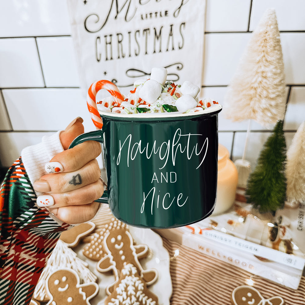 Naughty And Nice Coffee Mug Ceramic Campfire Style 14.5oz Red Or Green Double Side Design BandsCo Straps