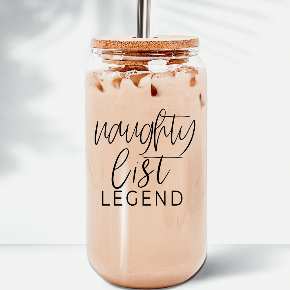 Naughty List Legend 17oz Glass Tumbler With Bamboo Lid, 2 Stainless Straws BandsCo Straps
