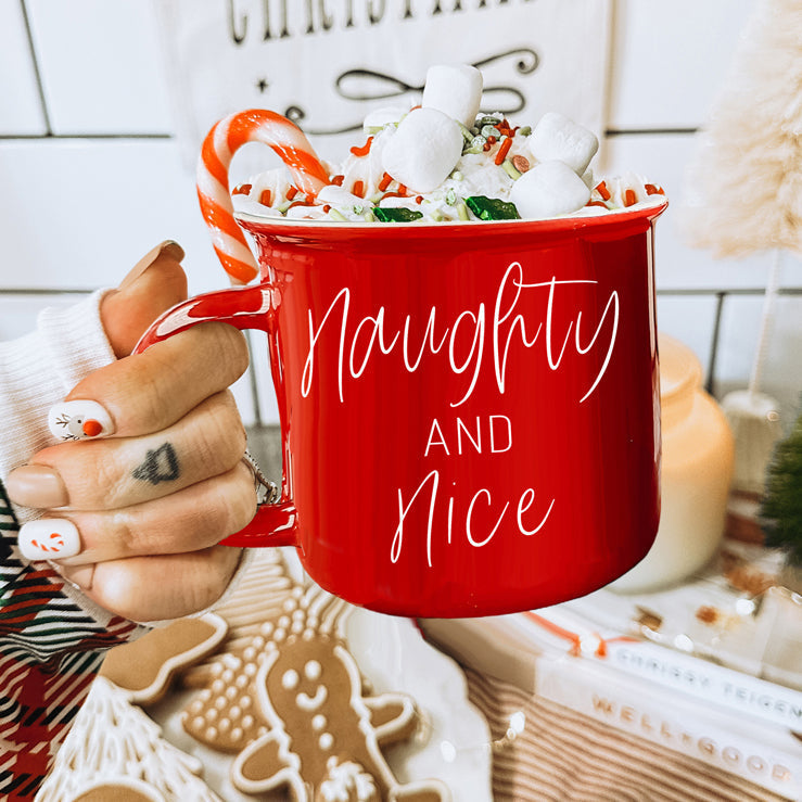 Naughty And Nice Coffee Mug Ceramic Campfire Style 14.5oz Red Or Green Double Side Design BandsCo Straps
