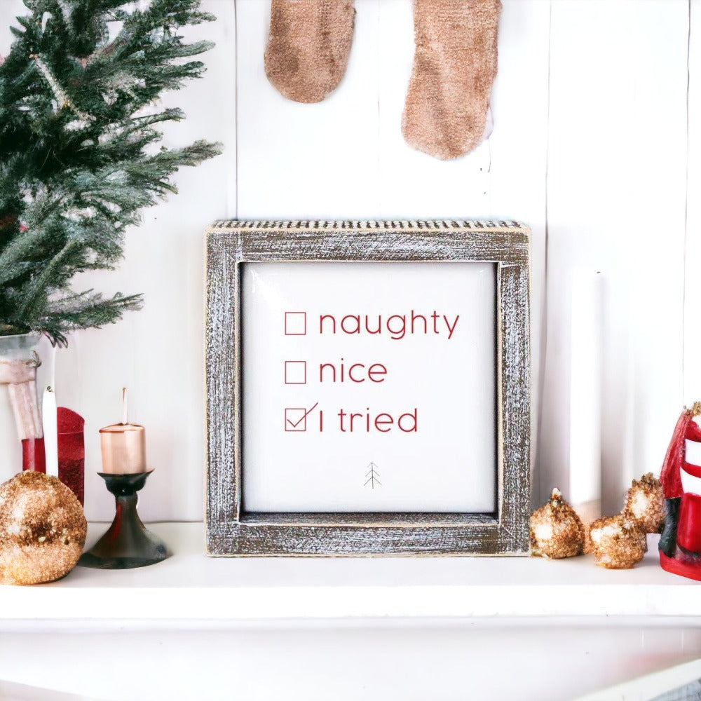 Naughty Nice I Tried 5in Wood Embossed Christmas Sign Holiday Decor BandsCo Straps