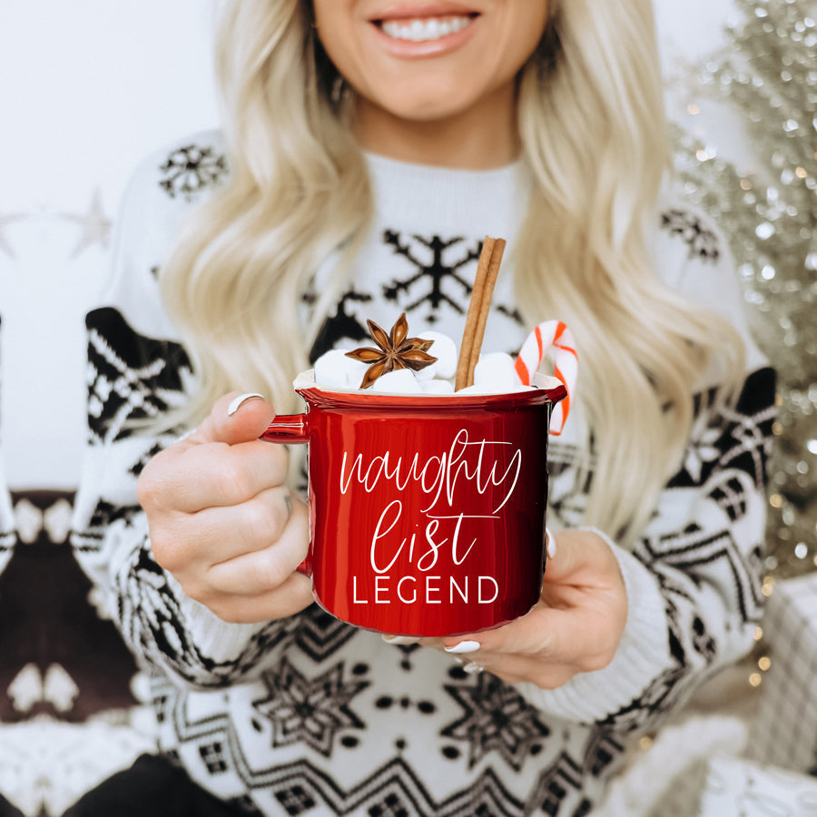 Naughty Legend Christmas Mug 14.5oz Ceramic Campfire Style Red Or Green Holiday Coffee Cup BandsCo Straps
