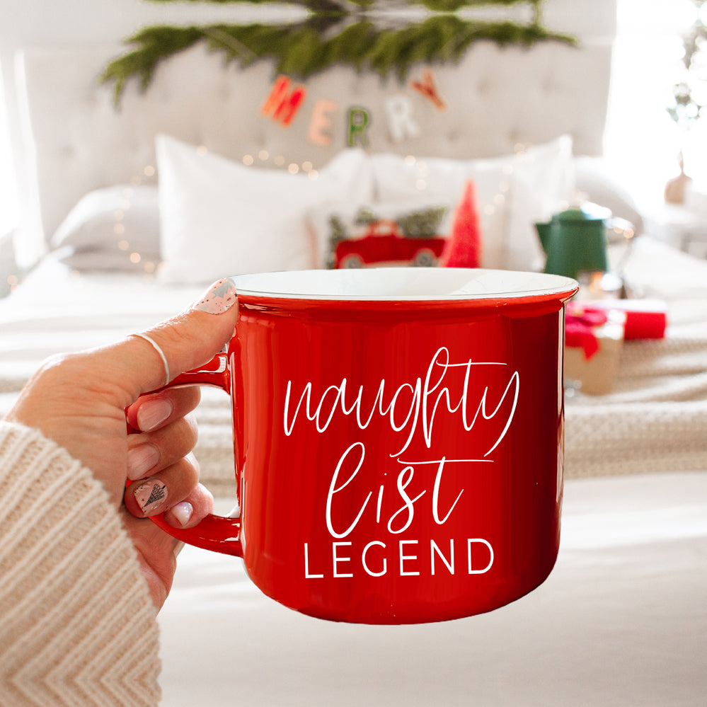 Naughty Legend Christmas Mug 14.5oz Ceramic Campfire Style Red Or Green Holiday Coffee Cup BandsCo Straps