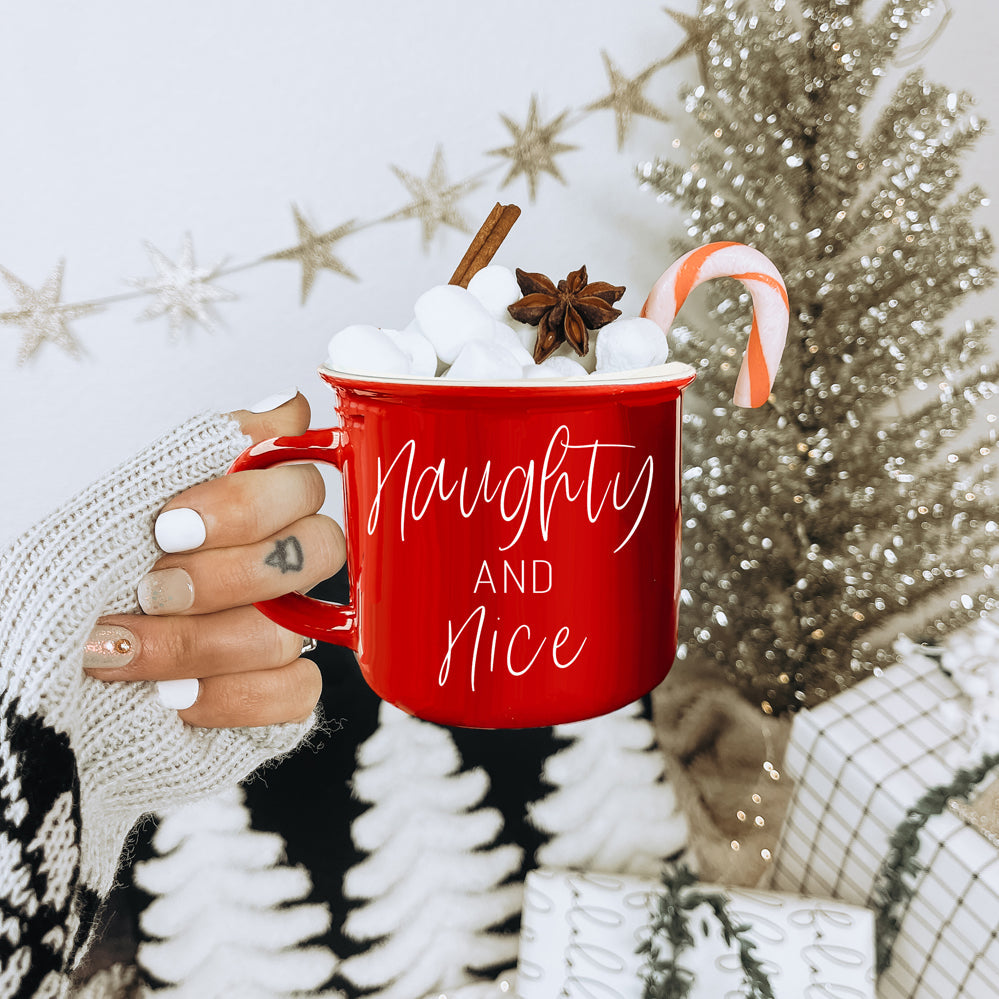Naughty And Nice Coffee Mug Ceramic Campfire Style 14.5oz Red Or Green Double Side Design BandsCo Straps