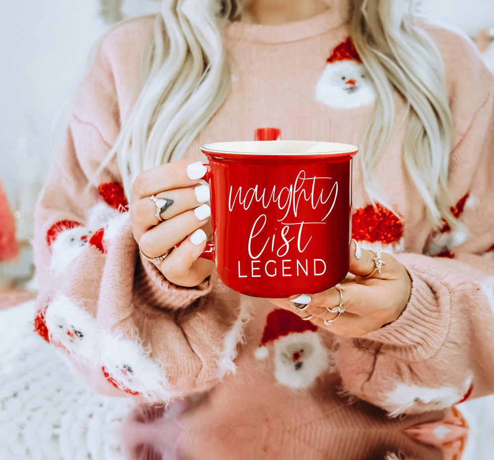 Naughty Legend Christmas Mug 14.5oz Ceramic Campfire Style Red Or Green Holiday Coffee Cup BandsCo Straps