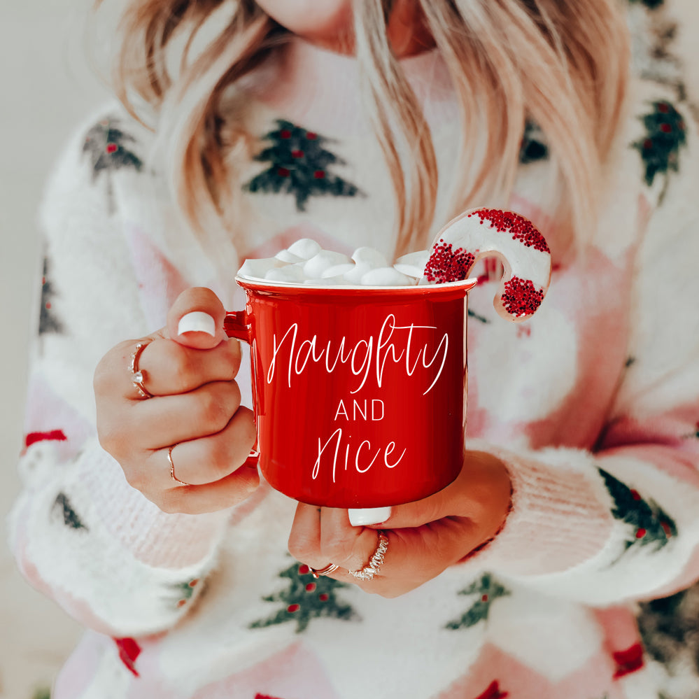 Naughty And Nice Coffee Mug Ceramic Campfire Style 14.5oz Red Or Green Double Side Design BandsCo Straps