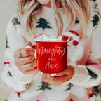 Naughty And Nice Coffee Mug Ceramic Campfire Style 14.5oz Red Or Green Double Side Design BandsCo Straps