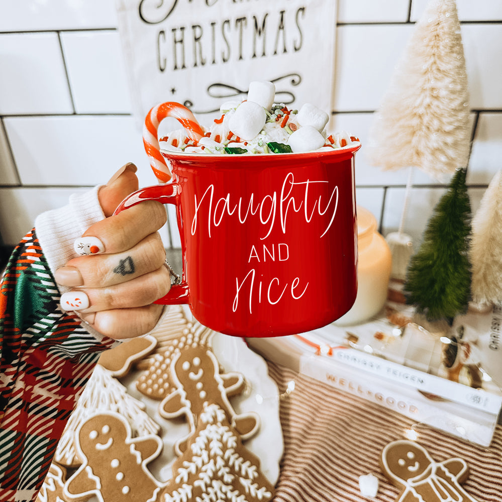 Naughty And Nice Coffee Mug Ceramic Campfire Style 14.5oz Red Or Green Double Side Design BandsCo Straps