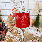 Naughty And Nice Coffee Mug Ceramic Campfire Style 14.5oz Red Or Green Double Side Design BandsCo Straps